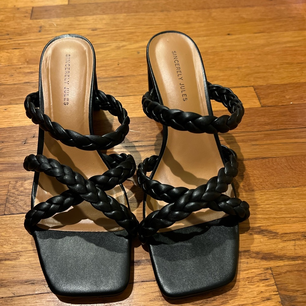Black braided heeled sandals